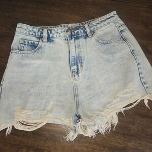 Princess Polly High Waisted Distressed Denim Shorts Light Wash Size 6 US